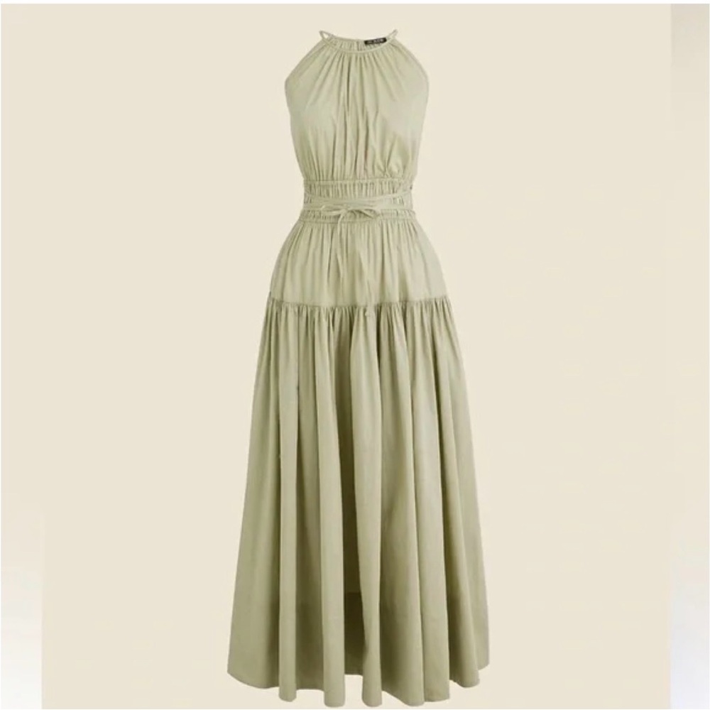 J. Crew Tie Waist Halter Midi Dress Pale Surplus Green A Line Tiered XS